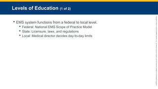 Copyright
©
2023
by
Jones
&
Bartlett
Learning,
LLC,
an
Ascend
Learning
Company
and
the
American
Academy
of
Orthopaedic
Surgeons.
Levels of Education (1 of 2)
 EMS system functions from a federal to local level.
 Federal: National EMS Scope of Practice Model
 State: Licensure, laws, and regulations
 Local: Medical director decides day-to-day limits
 