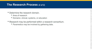 Copyright
©
2023
by
Jones
&
Bartlett
Learning,
LLC,
an
Ascend
Learning
Company
and
the
American
Academy
of
Orthopaedic
Surgeons.
The Research Process (2 of 2)
 Determine the research domain.
 Area of research
 Domains: clinical, systems, or education
 Research may be performed within a research consortium.
 Paramedics may be involved by gathering data.
 