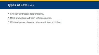 Copyright
©
2023
by
Jones
&
Bartlett
Learning,
LLC,
an
Ascend
Learning
Company
and
the
American
Academy
of
Orthopaedic
Surgeons.
Types of Law (2 of 3)
 Civil law addresses responsibility.
 Most lawsuits result from vehicle crashes.
 Criminal prosecution can also result from a civil act.
 