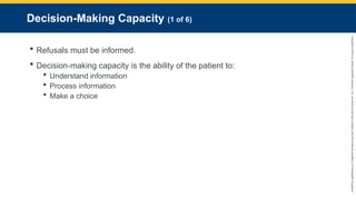 Copyright
©
2023
by
Jones
&
Bartlett
Learning,
LLC,
an
Ascend
Learning
Company
and
the
American
Academy
of
Orthopaedic
Surgeons.
Decision-Making Capacity (1 of 6)
 Refusals must be informed.
 Decision-making capacity is the ability of the patient to:
 Understand information
 Process information
 Make a choice
 