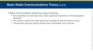 Copyright
©
2023
by
Jones
&
Bartlett
Learning,
LLC,
an
Ascend
Learning
Company
and
the
American
Academy
of
Orthopaedic
Surgeons.
Basic Radio Communications Theory (2 of 2)
 Radio communications require two types of devices.
 The transmitter converts data into a radio signal and transmits it on the designated
frequency.
 The receiver collects the radio signal and translates it back into data or sound.
 Transceivers (two-way radios) contain both a transmitter and a receiver.
 