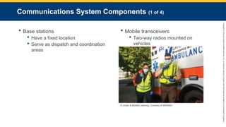 Copyright
©
2023
by
Jones
&
Bartlett
Learning,
LLC,
an
Ascend
Learning
Company
and
the
American
Academy
of
Orthopaedic
Surgeons.
Communications System Components (1 of 4)
 Base stations
 Have a fixed location
 Serve as dispatch and coordination
areas
 Mobile transceivers
 Two-way radios mounted on
vehicles
© Jones & Bartlett Learning. Courtesy of MIEMSS.
 