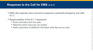 Copyright
©
2023
by
Jones
&
Bartlett
Learning,
LLC,
an
Ascend
Learning
Company
and
the
American
Academy
of
Orthopaedic
Surgeons.
Response to the Call for EMS (3 of 7)
 EMS calls originate when someone recognizes a potential emergency and calls
9-1-1.
 Responsibilities of the 9-1-1 dispatcher:
 Elicits information from the caller
 Determine which resources are needed
 Notify responders of additional information while they are en route
 