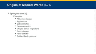 Copyright
©
2023
by
Jones
&
Bartlett
Learning,
LLC,
an
Ascend
Learning
Company
and
the
American
Academy
of
Orthopaedic
Surgeons.
Origins of Medical Words (5 of 5)
 Eponyms (cont’d)
 Examples
 Alzheimer disease
 Apgar score
 Babinski reflex
 Cesarean section
 Cheyne-Stokes respirations
 Crohn disease
 Foley catheter
 Guillain-Barré syndrome
 