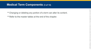 Copyright
©
2023
by
Jones
&
Bartlett
Learning,
LLC,
an
Ascend
Learning
Company
and
the
American
Academy
of
Orthopaedic
Surgeons.
Medical Term Components (3 of 14)
 Changing or deleting any portion of a term can alter its content.
 Refer to the master tables at the end of the chapter.
 