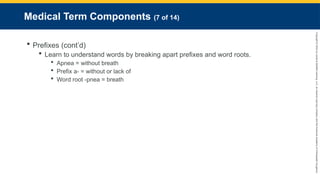 Copyright
©
2023
by
Jones
&
Bartlett
Learning,
LLC,
an
Ascend
Learning
Company
and
the
American
Academy
of
Orthopaedic
Surgeons.
Medical Term Components (7 of 14)
 Prefixes (cont’d)
 Learn to understand words by breaking apart prefixes and word roots.
 Apnea = without breath
 Prefix a- = without or lack of
 Word root -pnea = breath
 