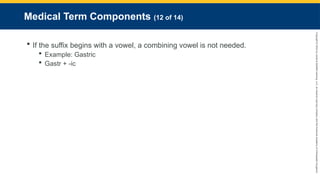 Copyright
©
2023
by
Jones
&
Bartlett
Learning,
LLC,
an
Ascend
Learning
Company
and
the
American
Academy
of
Orthopaedic
Surgeons.
Medical Term Components (12 of 14)
 If the suffix begins with a vowel, a combining vowel is not needed.
 Example: Gastric
 Gastr + -ic
 