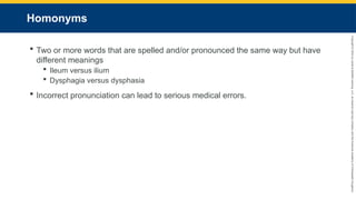 Copyright
©
2023
by
Jones
&
Bartlett
Learning,
LLC,
an
Ascend
Learning
Company
and
the
American
Academy
of
Orthopaedic
Surgeons.
Homonyms
 Two or more words that are spelled and/or pronounced the same way but have
different meanings
 Ileum versus ilium
 Dysphagia versus dysphasia
 Incorrect pronunciation can lead to serious medical errors.
 