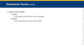 Copyright
©
2023
by
Jones
&
Bartlett
Learning,
LLC,
an
Ascend
Learning
Company
and
the
American
Academy
of
Orthopaedic
Surgeons.
Directional Terms (5 of 9)
 Lateral and medial
 Lateral
 Body parts that lie farther from the midline
 Medial
 Body parts that lie closer to the midline
 