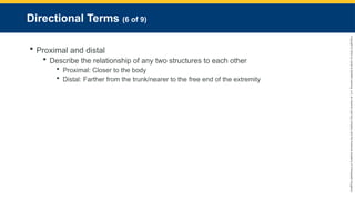 Copyright
©
2023
by
Jones
&
Bartlett
Learning,
LLC,
an
Ascend
Learning
Company
and
the
American
Academy
of
Orthopaedic
Surgeons.
Directional Terms (6 of 9)
 Proximal and distal
 Describe the relationship of any two structures to each other
 Proximal: Closer to the body
 Distal: Farther from the trunk/nearer to the free end of the extremity
 