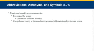 Copyright
©
2023
by
Jones
&
Bartlett
Learning,
LLC,
an
Ascend
Learning
Company
and
the
American
Academy
of
Orthopaedic
Surgeons.
Abbreviations, Acronyms, and Symbols (1 of 7)
 Shorthand used for communication
 Developed for speed
 Do not trade speed for accuracy.
 Use only commonly understood acronyms and abbreviations to minimize errors.
 