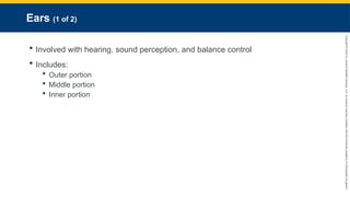 Copyright
©
2023
by
Jones
&
Bartlett
Learning,
LLC,
an
Ascend
Learning
Company
and
the
American
Academy
of
Orthopaedic
Surgeons.
Ears (1 of 2)
 Involved with hearing, sound perception, and balance control
 Includes:
 Outer portion
 Middle portion
 Inner portion
 