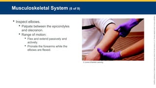 Copyright
©
2023
by
Jones
&
Bartlett
Learning,
LLC,
an
Ascend
Learning
Company
and
the
American
Academy
of
Orthopaedic
Surgeons.
Musculoskeletal System (6 of 9)
 Inspect elbows.
 Palpate between the epicondyles
and olecranon.
 Range of motion:
 Flex and extend passively and
actively.
 Pronate the forearms while the
elbows are flexed.
© Jones & Bartlett Learning.
 