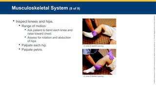 Copyright
©
2023
by
Jones
&
Bartlett
Learning,
LLC,
an
Ascend
Learning
Company
and
the
American
Academy
of
Orthopaedic
Surgeons.
Musculoskeletal System (8 of 9)
 Inspect knees and hips.
 Range of motion:
 Ask patient to bend each knee and
raise toward chest.
 Assess for rotation and abduction
of hips.
 Palpate each hip.
 Palpate pelvis.
© Jones & Bartlett Learning.
© Jones & Bartlett Learning.
 