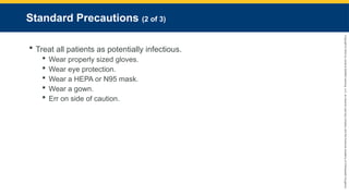 Copyright
©
2023
by
Jones
&
Bartlett
Learning,
LLC,
an
Ascend
Learning
Company
and
the
American
Academy
of
Orthopaedic
Surgeons.
Standard Precautions (2 of 3)
 Treat all patients as potentially infectious.
 Wear properly sized gloves.
 Wear eye protection.
 Wear a HEPA or N95 mask.
 Wear a gown.
 Err on side of caution.
 