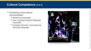 Copyright
©
2023
by
Jones
&
Bartlett
Learning,
LLC,
an
Ascend
Learning
Company
and
the
American
Academy
of
Orthopaedic
Surgeons.
Cultural Competence (3 of 3)
 Facilitating cross-cultural
communication
 Identify an interpreter.
 Use a certified medical interpreter
if possible.
 Consider manners, hand gestures,
and body language.
© John Moore/Getty Images News/Getty Images.
 