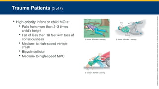 Copyright
©
2023
by
Jones
&
Bartlett
Learning,
LLC,
an
Ascend
Learning
Company
and
the
American
Academy
of
Orthopaedic
Surgeons.
Trauma Patients (3 of 4)
 High-priority infant or child MOIs:
 Falls from more than 2–3 times
child’s height
 Fall of less than 10 feet with loss of
consciousness
 Medium- to high-speed vehicle
crash
 Bicycle collision
 Medium- to high-speed MVC
© Jones & Bartlett Learning. © Jones & Bartlett Learning.
© Jones & Bartlett Learning.
 