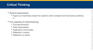 Copyright
©
2023
by
Jones
&
Bartlett
Learning,
LLC,
an
Ascend
Learning
Company
and
the
American
Academy
of
Orthopaedic
Surgeons.
Critical Thinking
 Goal of assessment:
 Figure out most likely reason for patient’s chief complaint and how best to address
it.
 Five aspects of critical thinking:
 Concept formation
 Data interpretation
 Application of principles
 Reflection in action
 Reflection on action
 