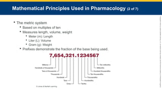 Copyright
©
2023
by
Jones
&
Bartlett
Learning,
LLC,
an
Ascend
Learning
Company
and
the
American
Academy
of
Orthopaedic
Surgeons.
Mathematical Principles Used in Pharmacology (2 of 7)
 The metric system
 Based on multiples of ten
 Measures length, volume, weight
 Meter (m): Length
 Liter (L): Volume
 Gram (g): Weight
 Prefixes demonstrate the fraction of the base being used.
© Jones & Bartlett Learning.
 
