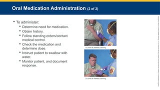 Copyright
©
2023
by
Jones
&
Bartlett
Learning,
LLC,
an
Ascend
Learning
Company
and
the
American
Academy
of
Orthopaedic
Surgeons.
Oral Medication Administration (2 of 2)
 To administer:
 Determine need for medication.
 Obtain history.
 Follow standing orders/contact
medical control.
 Check the medication and
determine dose.
 Instruct patient to swallow with
water.
 Monitor patient, and document
response.
© Jones & Bartlett Learning.
© Jones & Bartlett Learning.
 