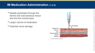Copyright
©
2023
by
Jones
&
Bartlett
Learning,
LLC,
an
Ascend
Learning
Company
and
the
American
Academy
of
Orthopaedic
Surgeons.
IM Medication Administration (1 of 2)
 Needle penetrates through the
dermis and subcutaneous tissue
and into the muscle layer.
 Larger volume of medication
 Potential nerve damage
© Jones & Bartlett Learning.
 
