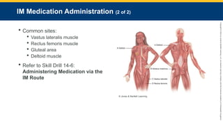 Copyright
©
2023
by
Jones
&
Bartlett
Learning,
LLC,
an
Ascend
Learning
Company
and
the
American
Academy
of
Orthopaedic
Surgeons.
IM Medication Administration (2 of 2)
 Common sites:
 Vastus lateralis muscle
 Rectus femoris muscle
 Gluteal area
 Deltoid muscle
 Refer to Skill Drill 14-6:
Administering Medication via the
IM Route
© Jones & Bartlett Learning.
 