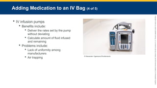 Copyright
©
2023
by
Jones
&
Bartlett
Learning,
LLC,
an
Ascend
Learning
Company
and
the
American
Academy
of
Orthopaedic
Surgeons.
Adding Medication to an IV Bag (4 of 5)
 IV infusion pumps
 Benefits include:
 Deliver the rates set by the pump
without deviating
 Calculate amount of fluid infused
and remaining
 Problems include:
 Lack of uniformity among
manufacturers
 Air trapping
© Alexander Oganezov/Shutterstock.
 