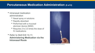 Copyright
©
2023
by
Jones
&
Bartlett
Learning,
LLC,
an
Ascend
Learning
Company
and
the
American
Academy
of
Orthopaedic
Surgeons.
Percutaneous Medication Administration (8 of 8)
 Intranasal medication
administration
 Nasal spray or solutions
 Rapidly absorbed
 Performed with a mucosal
atomizer device (MAD)
 Requires 2 to 2.5 times the dose of
IV medications
 Refer to Skill Drill 14-11:
Administering Medication via the
Intranasal Route
Courtesy of LMA North America.
 