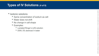 Copyright
©
2023
by
Jones
&
Bartlett
Learning,
LLC,
an
Ascend
Learning
Company
and
the
American
Academy
of
Orthopaedic
Surgeons.
Types of IV Solutions (4 of 8)
 Isotonic solutions
 Same concentration of sodium as cell
 Water does not shift
 No change in cell shape
 Examples:
 Lactated Ringer’s (LR) solution
 D5W, 5% dextrose in water
 