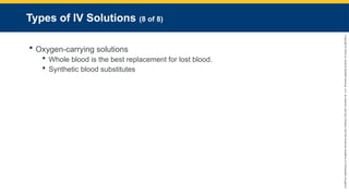 Copyright
©
2023
by
Jones
&
Bartlett
Learning,
LLC,
an
Ascend
Learning
Company
and
the
American
Academy
of
Orthopaedic
Surgeons.
Types of IV Solutions (8 of 8)
 Oxygen-carrying solutions
 Whole blood is the best replacement for lost blood.
 Synthetic blood substitutes
 