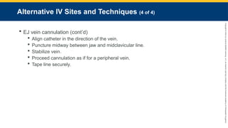 Copyright
©
2023
by
Jones
&
Bartlett
Learning,
LLC,
an
Ascend
Learning
Company
and
the
American
Academy
of
Orthopaedic
Surgeons.
Alternative IV Sites and Techniques (4 of 4)
 EJ vein cannulation (cont’d)
 Align catheter in the direction of the vein.
 Puncture midway between jaw and midclavicular line.
 Stabilize vein.
 Proceed cannulation as if for a peripheral vein.
 Tape line securely.
 