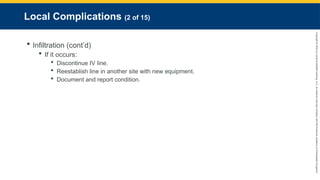 Copyright
©
2023
by
Jones
&
Bartlett
Learning,
LLC,
an
Ascend
Learning
Company
and
the
American
Academy
of
Orthopaedic
Surgeons.
Local Complications (2 of 15)
 Infiltration (cont’d)
 If it occurs:
 Discontinue IV line.
 Reestablish line in another site with new equipment.
 Document and report condition.
 