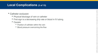 Copyright
©
2023
by
Jones
&
Bartlett
Learning,
LLC,
an
Ascend
Learning
Company
and
the
American
Academy
of
Orthopaedic
Surgeons.
Local Complications (3 of 15)
 Catheter occlusion
 Physical blockage of vein or catheter
 First sign is a decreasing drip rate or blood in IV tubing.
 Causes:
 Position of catheter within the vein
 Blood pressure overcoming the flow
 