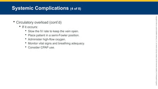 Copyright
©
2023
by
Jones
&
Bartlett
Learning,
LLC,
an
Ascend
Learning
Company
and
the
American
Academy
of
Orthopaedic
Surgeons.
Systemic Complications (4 of 8)
 Circulatory overload (cont’d)
 If it occurs:
 Slow the IV rate to keep the vein open.
 Place patient in a semi-Fowler position.
 Administer high-flow oxygen.
 Monitor vital signs and breathing adequacy.
 Consider CPAP use.
 