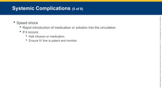 Copyright
©
2023
by
Jones
&
Bartlett
Learning,
LLC,
an
Ascend
Learning
Company
and
the
American
Academy
of
Orthopaedic
Surgeons.
Systemic Complications (5 of 8)
 Speed shock
 Rapid introduction of medication or solution into the circulation
 If it occurs:
 Halt infusion or medication.
 Ensure IV line is patent and monitor.
 