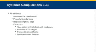 Copyright
©
2023
by
Jones
&
Bartlett
Learning,
LLC,
an
Ascend
Learning
Company
and
the
American
Academy
of
Orthopaedic
Surgeons.
Systemic Complications (6 of 8)
 Air embolus
 Air enters the bloodstream
 Properly flush IV lines
 Replace empty IV bags
 If it occurs:
 Place patient on the left side with head down.
 Administer 100% oxygen.
 Transport to closest facility.
 Assist ventilations if needed.
 