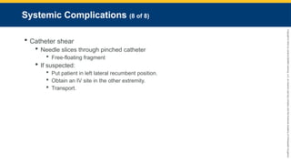 Copyright
©
2023
by
Jones
&
Bartlett
Learning,
LLC,
an
Ascend
Learning
Company
and
the
American
Academy
of
Orthopaedic
Surgeons.
Systemic Complications (8 of 8)
 Catheter shear
 Needle slices through pinched catheter
 Free-floating fragment
 If suspected:
 Put patient in left lateral recumbent position.
 Obtain an IV site in the other extremity.
 Transport.
 