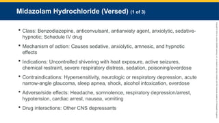 Copyright
©
2023
by
Jones
&
Bartlett
Learning,
LLC,
an
Ascend
Learning
Company
and
the
American
Academy
of
Orthopaedic
Surgeons.
Midazolam Hydrochloride (Versed) (1 of 3)
 Class: Benzodiazepine, anticonvulsant, antianxiety agent, anxiolytic, sedative-
hypnotic; Schedule IV drug
 Mechanism of action: Causes sedative, anxiolytic, amnesic, and hypnotic
effects
 Indications: Uncontrolled shivering with heat exposure, active seizures,
chemical restraint, severe respiratory distress, sedation, poisoning/overdose
 Contraindications: Hypersensitivity, neurologic or respiratory depression, acute
narrow-angle glaucoma, sleep apnea, shock, alcohol intoxication, overdose
 Adverse/side effects: Headache, somnolence, respiratory depression/arrest,
hypotension, cardiac arrest, nausea, vomiting
 Drug interactions: Other CNS depressants
 
