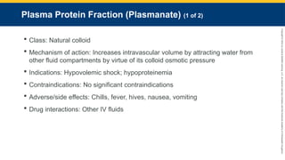 Copyright
©
2023
by
Jones
&
Bartlett
Learning,
LLC,
an
Ascend
Learning
Company
and
the
American
Academy
of
Orthopaedic
Surgeons.
Plasma Protein Fraction (Plasmanate) (1 of 2)
 Class: Natural colloid
 Mechanism of action: Increases intravascular volume by attracting water from
other fluid compartments by virtue of its colloid osmotic pressure
 Indications: Hypovolemic shock; hypoproteinemia
 Contraindications: No significant contraindications
 Adverse/side effects: Chills, fever, hives, nausea, vomiting
 Drug interactions: Other IV fluids
 