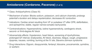 Copyright
©
2023
by
Jones
&
Bartlett
Learning,
LLC,
an
Ascend
Learning
Company
and
the
American
Academy
of
Orthopaedic
Surgeons.
Amiodarone (Cordarone, Pacerone) (1 of 3)
 Class: Antidysrhythmic (Class III)
 Mechanism of action: Blocks sodium, potassium, and calcium channels; prolongs
potential’s duration and delays repolarization; decreases AV conduction
 Indications: Cardiac arrest resulting from VF or pulseless VT after CPR, defibrillation,
and epinephrine; stable, regular narrow-complex tachycardia
 Contraindications: Hypersensitivity, iodine hypersensitivity, cardiogenic shock,
second- or third-degree AV block
 Adverse/side effects: Hypotension, heart failure, worsening of dysrhythmias,
prolonged QT interval, bradycardia, AV block, dizziness, fatigue, cough, progressive
dyspnea, nausea, vomiting, burning at the IV site, Stevens-Johnson syndrome
 Drug interactions: Digoxin, disopyramide, fentanyl, lidocaine, procainamide, quinidine,
or warfarin
 