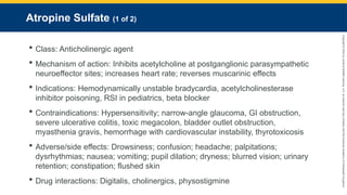 Copyright
©
2023
by
Jones
&
Bartlett
Learning,
LLC,
an
Ascend
Learning
Company
and
the
American
Academy
of
Orthopaedic
Surgeons.
Atropine Sulfate (1 of 2)
 Class: Anticholinergic agent
 Mechanism of action: Inhibits acetylcholine at postganglionic parasympathetic
neuroeffector sites; increases heart rate; reverses muscarinic effects
 Indications: Hemodynamically unstable bradycardia, acetylcholinesterase
inhibitor poisoning, RSI in pediatrics, beta blocker
 Contraindications: Hypersensitivity; narrow-angle glaucoma, GI obstruction,
severe ulcerative colitis, toxic megacolon, bladder outlet obstruction,
myasthenia gravis, hemorrhage with cardiovascular instability, thyrotoxicosis
 Adverse/side effects: Drowsiness; confusion; headache; palpitations;
dysrhythmias; nausea; vomiting; pupil dilation; dryness; blurred vision; urinary
retention; constipation; flushed skin
 Drug interactions: Digitalis, cholinergics, physostigmine
 