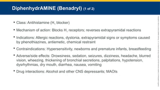 Copyright
©
2023
by
Jones
&
Bartlett
Learning,
LLC,
an
Ascend
Learning
Company
and
the
American
Academy
of
Orthopaedic
Surgeons.
DiphenhydrAMINE (Benadryl) (1 of 2)
 Class: Antihistamine (H1 blocker)
 Mechanism of action: Blocks H1 receptors; reverses extrapyramidal reactions
 Indications: Allergic reactions, dystonia, extrapyramidal signs or symptoms caused
by phenothiazines, antiemetic, chemical restraint
 Contraindications: Hypersensitivity, newborns and premature infants, breastfeeding
 Adverse/side effects: Drowsiness, sedation, seizures, dizziness, headache, blurred
vision, wheezing, thickening of bronchial secretions, palpitations, hypotension,
dysrhythmias, dry mouth, diarrhea, nausea, vomiting
 Drug interactions: Alcohol and other CNS depressants; MAOIs
 