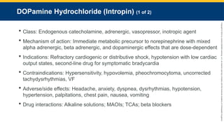 Copyright
©
2023
by
Jones
&
Bartlett
Learning,
LLC,
an
Ascend
Learning
Company
and
the
American
Academy
of
Orthopaedic
Surgeons.
DOPamine Hydrochloride (Intropin) (1 of 2)
 Class: Endogenous catecholamine, adrenergic, vasopressor, inotropic agent
 Mechanism of action: Immediate metabolic precursor to norepinephrine with mixed
alpha adrenergic, beta adrenergic, and dopaminergic effects that are dose-dependent
 Indications: Refractory cardiogenic or distributive shock, hypotension with low cardiac
output states, second-line drug for symptomatic bradycardia
 Contraindications: Hypersensitivity, hypovolemia, pheochromocytoma, uncorrected
tachydysrhythmias, VF
 Adverse/side effects: Headache, anxiety, dyspnea, dysrhythmias, hypotension,
hypertension, palpitations, chest pain, nausea, vomiting
 Drug interactions: Alkaline solutions; MAOIs; TCAs; beta blockers
 