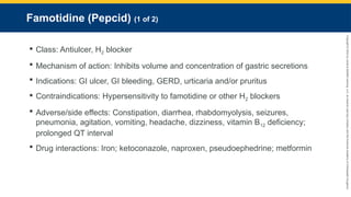 Copyright
©
2023
by
Jones
&
Bartlett
Learning,
LLC,
an
Ascend
Learning
Company
and
the
American
Academy
of
Orthopaedic
Surgeons.
Famotidine (Pepcid) (1 of 2)
 Class: Antiulcer, H2 blocker
 Mechanism of action: Inhibits volume and concentration of gastric secretions
 Indications: GI ulcer, GI bleeding, GERD, urticaria and/or pruritus
 Contraindications: Hypersensitivity to famotidine or other H2 blockers
 Adverse/side effects: Constipation, diarrhea, rhabdomyolysis, seizures,
pneumonia, agitation, vomiting, headache, dizziness, vitamin B12 deficiency;
prolonged QT interval
 Drug interactions: Iron; ketoconazole, naproxen, pseudoephedrine; metformin
 