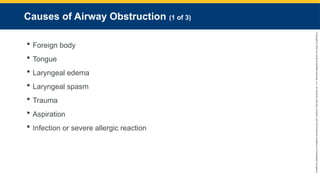 Copyright
©
2023
by
Jones
&
Bartlett
Learning,
LLC,
an
Ascend
Learning
Company
and
the
American
Academy
of
Orthopaedic
Surgeons.
Causes of Airway Obstruction (1 of 3)
 Foreign body
 Tongue
 Laryngeal edema
 Laryngeal spasm
 Trauma
 Aspiration
 Infection or severe allergic reaction
 