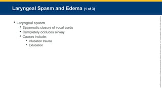 Copyright
©
2023
by
Jones
&
Bartlett
Learning,
LLC,
an
Ascend
Learning
Company
and
the
American
Academy
of
Orthopaedic
Surgeons.
Laryngeal Spasm and Edema (1 of 3)
 Laryngeal spasm
 Spasmodic closure of vocal cords
 Completely occludes airway
 Causes include:
 Intubation trauma
 Extubation
 