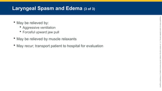 Copyright
©
2023
by
Jones
&
Bartlett
Learning,
LLC,
an
Ascend
Learning
Company
and
the
American
Academy
of
Orthopaedic
Surgeons.
Laryngeal Spasm and Edema (3 of 3)
 May be relieved by:
 Aggressive ventilation
 Forceful upward jaw pull
 May be relieved by muscle relaxants
 May recur; transport patient to hospital for evaluation
 