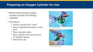 Copyright
©
2023
by
Jones
&
Bartlett
Learning,
LLC,
an
Ascend
Learning
Company
and
the
American
Academy
of
Orthopaedic
Surgeons.
Preparing an Oxygen Cylinder for Use
 Before administering oxygen,
prepare cylinder and therapy
regulator.
 Procedure
 Inspect cylinder then “crack.”
 Attach regulator/flowmeter to valve
stem.
 Place regulator collar.
 Open cylinder and read pressure
on regulator gauge.
 Select flow rate.
© Jones & Bartlett Learning.
© Jones & Bartlett Learning.
 