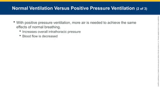 Copyright
©
2023
by
Jones
&
Bartlett
Learning,
LLC,
an
Ascend
Learning
Company
and
the
American
Academy
of
Orthopaedic
Surgeons.
Normal Ventilation Versus Positive Pressure Ventilation (2 of 3)
 With positive pressure ventilation, more air is needed to achieve the same
effects of normal breathing.
 Increases overall intrathoracic pressure
 Blood flow is decreased
 