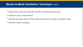 Copyright
©
2023
by
Jones
&
Bartlett
Learning,
LLC,
an
Ascend
Learning
Company
and
the
American
Academy
of
Orthopaedic
Surgeons.
Mouth-to-Mask Ventilation Technique (1 of 3)
 Open airway with the head tilt–chin lift or jaw-thrust maneuver.
 Insert an oral or nasal airway.
 Connect one-way valve to face mask and place the mask on patient’s face.
 Hold the mask in position.
 